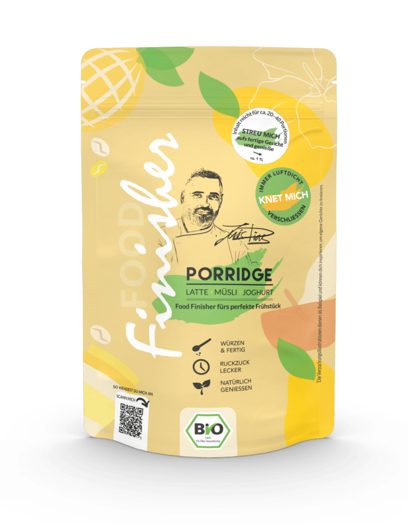 BIO PORRIDGE FOOD FINISHER in einer nachhaltigen Verpackung, bereit, Porridge und Joghurt im Online-Shop zu verzaubern.
