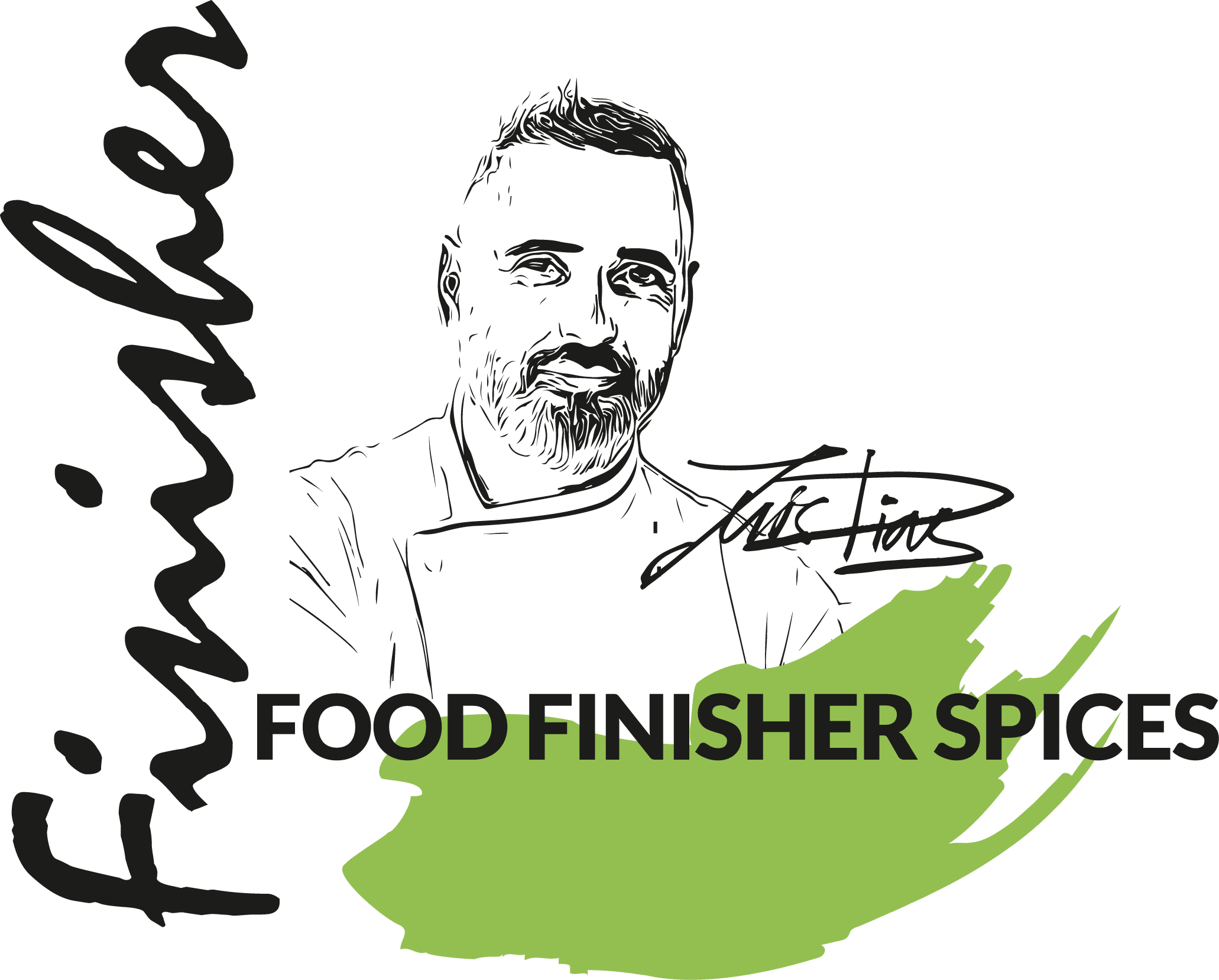 Logo von Food Finisher Spices, mit einer stilisierten Silhouette von Profikoch Luis Dias und seiner Unterschrift. Der Markenname ist prominent in Großbuchstaben dargestellt.