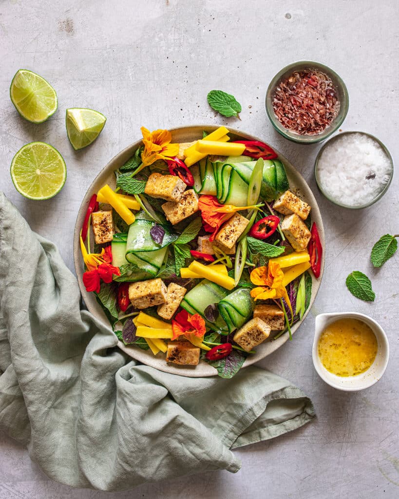 Tauche ein in die Aromen Vietnams mit diesem Köstlichen Salat mit Tofu, Gemüse und einem feinen Mangodressing. Vervollständigt mit dem Espresso BBQ Finisher von Luis Dias.